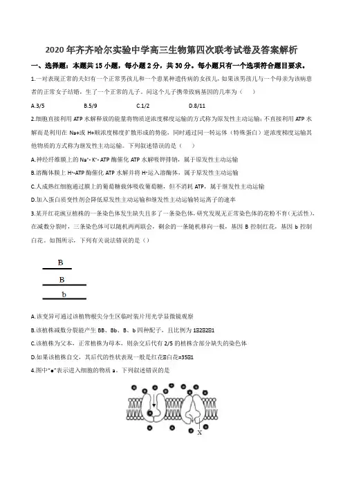 2020年齐齐哈尔实验中学高三生物第四次联考试卷及答案解析