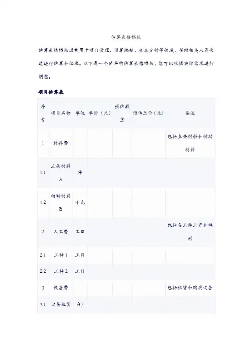 估算表格模板