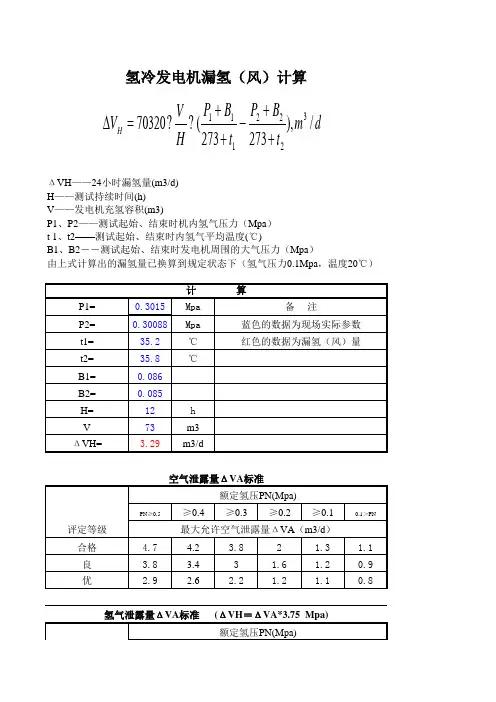 发电机漏氢计算公式及漏氢指标标准