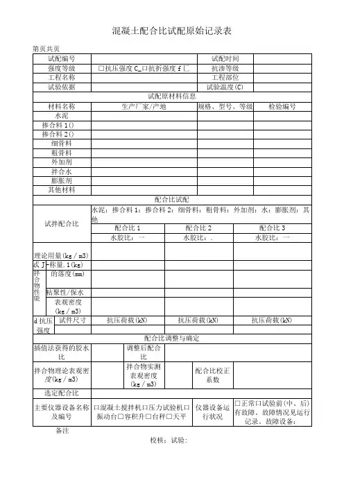 混凝土配合比试配原始记录表