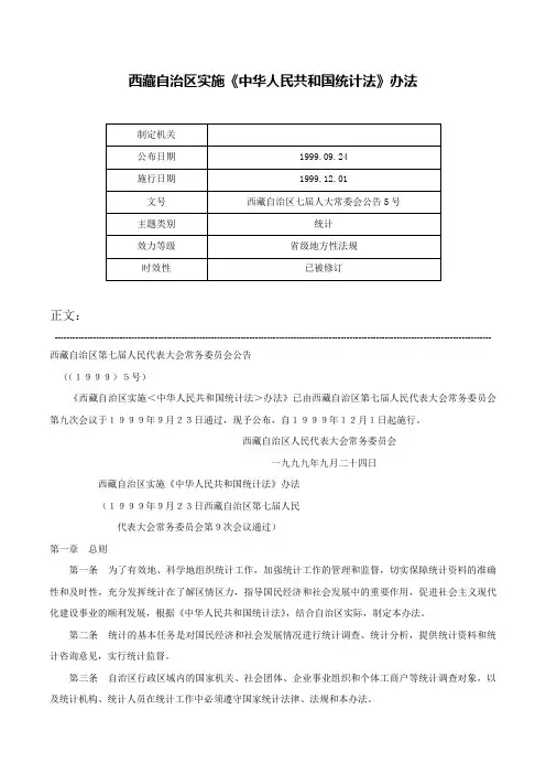 西藏自治区实施《中华人民共和国统计法》办法-西藏自治区七届人大常委会公告5号