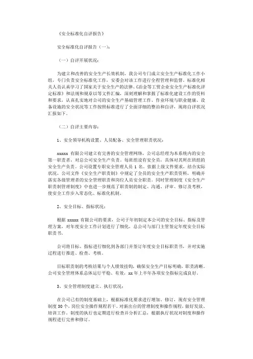 安全标准化自评报告(范本5篇)完美版