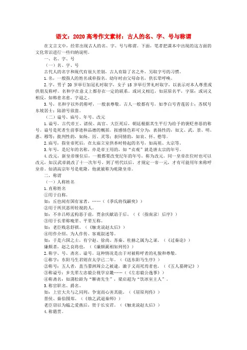 2020高考语文 古人的名、字、号与称谓作文素材 精品