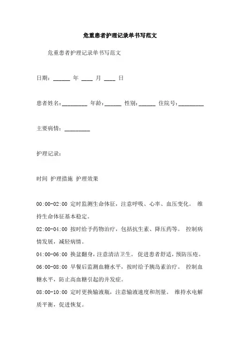 危重患者护理记录单书写范文