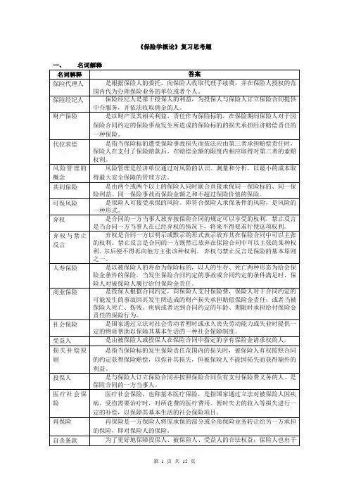 保险学概论复习思考题及参考答案