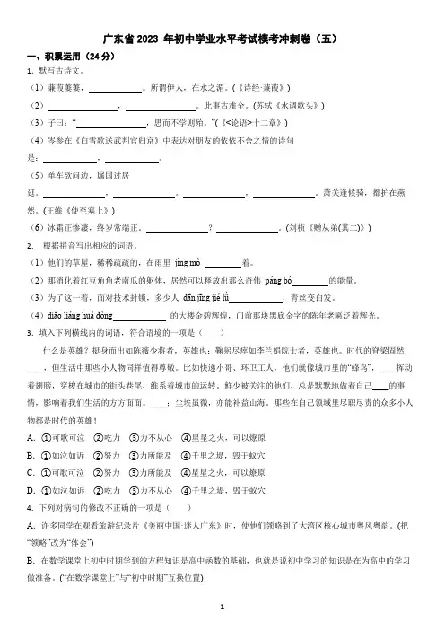 广东省2023 年初中学业水平考试模考冲刺卷(五)