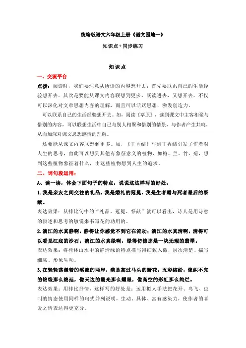 最新部编版人教版六年级语文上册《园地一》知识点+同步练习