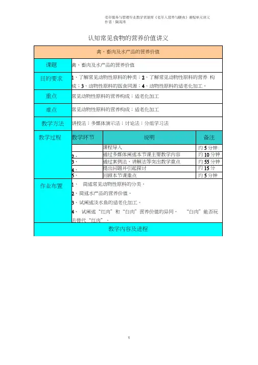 禽、畜肉及水产品的营养价值讲义(精)