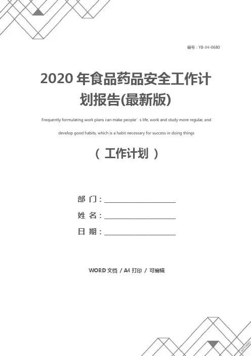 2020年食品药品安全工作计划报告(最新版)