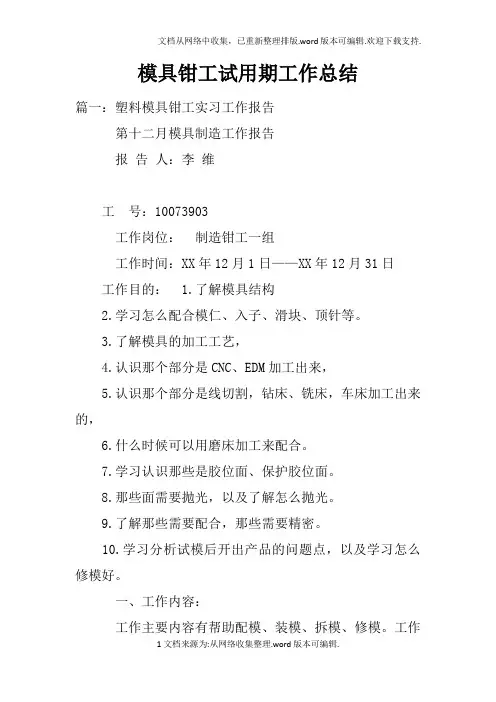 模具钳工试用期工作总结doc