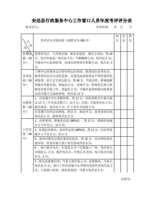 安远行政服务中心工作窗口人员考评评分表
