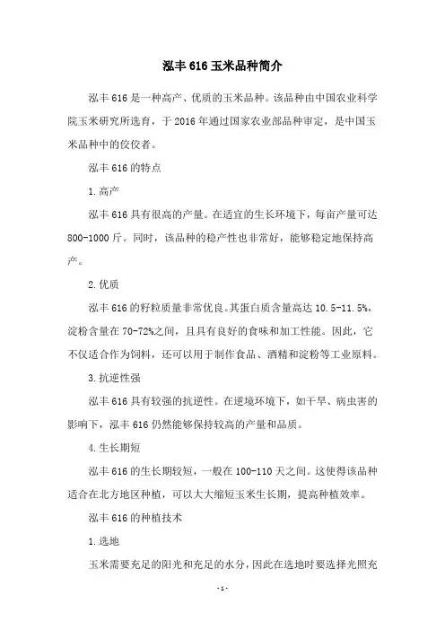 泓丰616玉米品种简介
