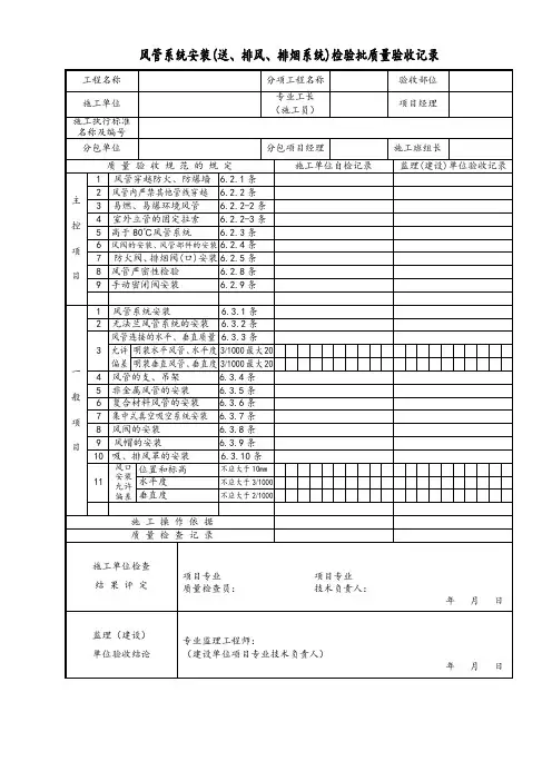 风管系统安装(送、排风、排烟系统)检验批质量验收记录