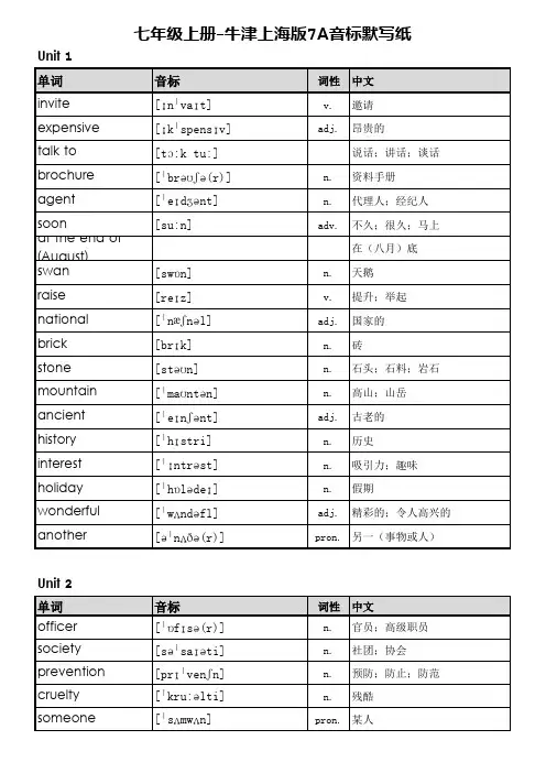 七年级上册-牛津上海版7A音标默写纸2021版