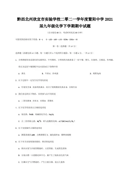 欣宜市实验学校二零二一学年度九年级化学下学期期中试题 试题1