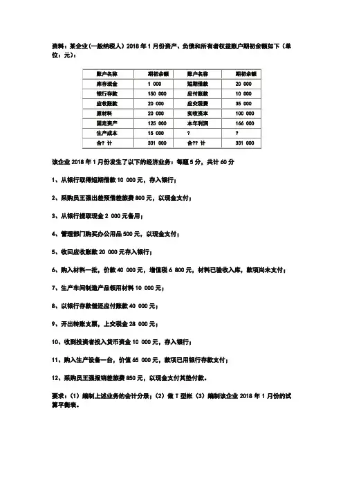 初学会计试算平衡试题