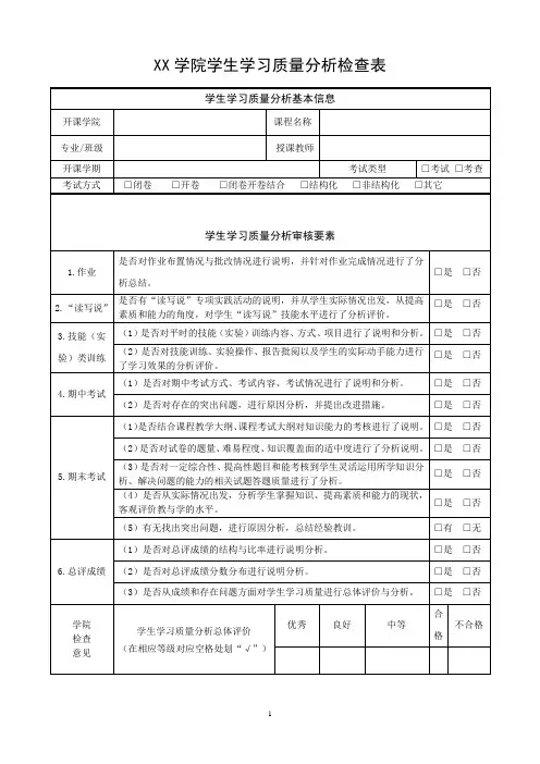 学院学生学习质量分析检查表