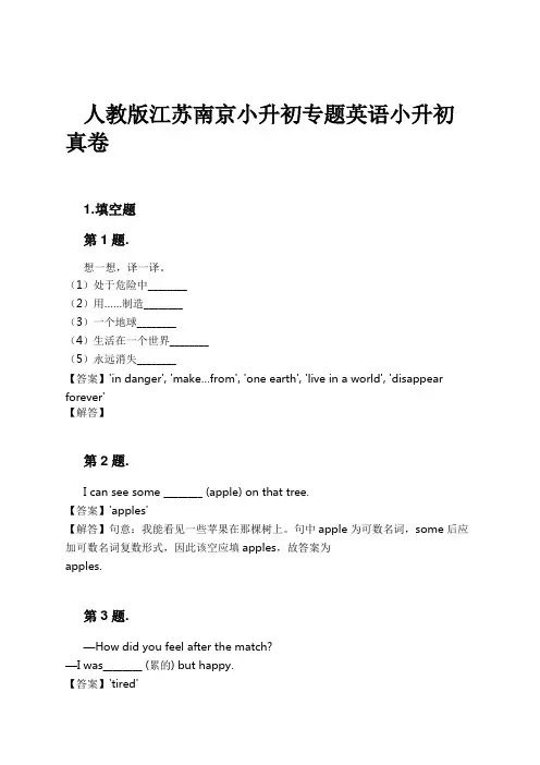 人教版江苏南京小升初专题英语小升初真卷试卷及解析