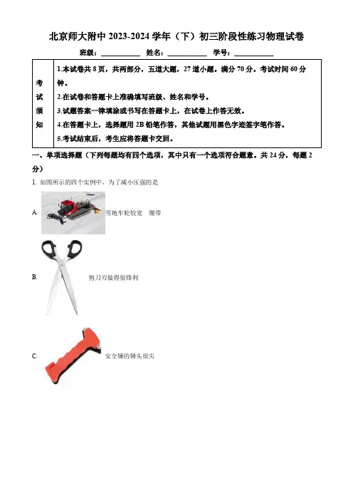 北京市北京师范大学附属中学2023-2024学年八年级下学期三月月考物理试卷(解析版)
