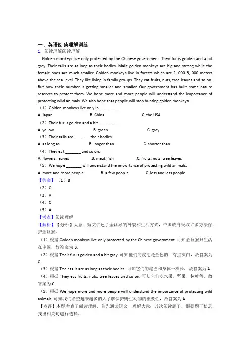六年级人教版小学英语阅读理解专题练习(附答案)
