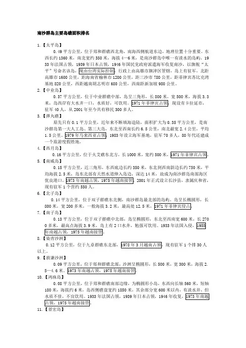 南沙群岛主要岛礁面积排名