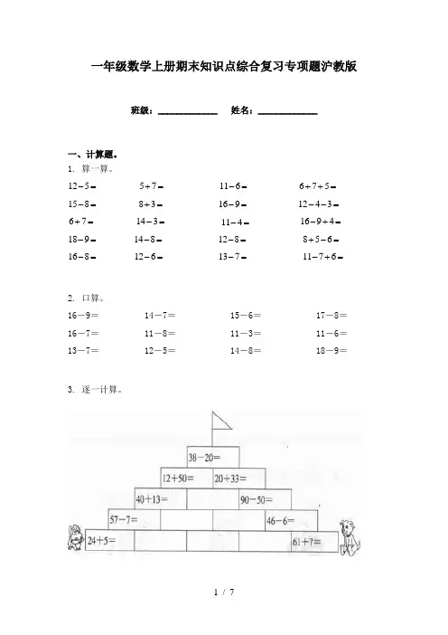 一年级数学上册期末知识点综合复习专项题沪教版