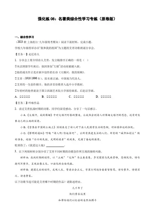 名著类综合性学习专练(原卷版)2022-2023学年中考语文冲刺130分全攻略(上海专用)