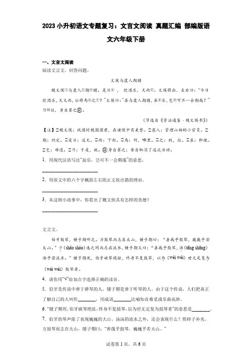 2023小升初语文专题复习：文言文阅读 真题汇编 部编版语文六年级下册