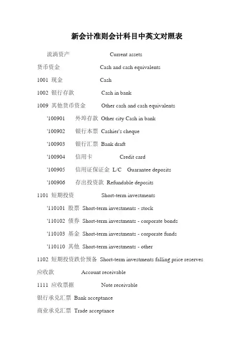 新会计准则会计科目中英文对照表