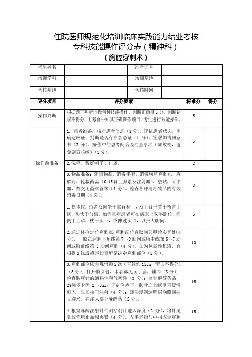 住院医师规范化培训临床实践能力结业考核专科技能操作评分表(精神科)心电图操作