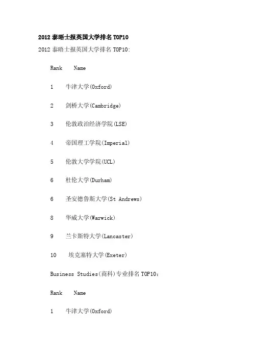 2012泰晤士报英国大学排名TOP10[整理版]
