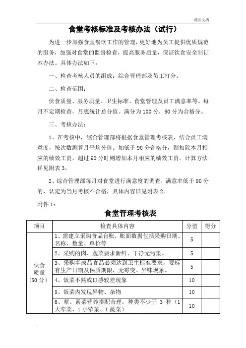 食堂考核标准及考核办法