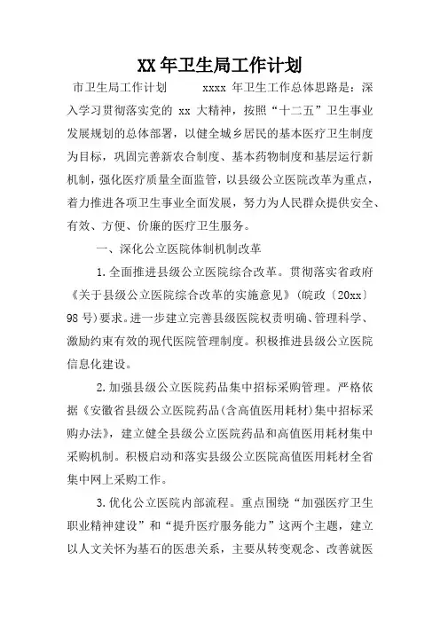 XX年卫生局工作计划