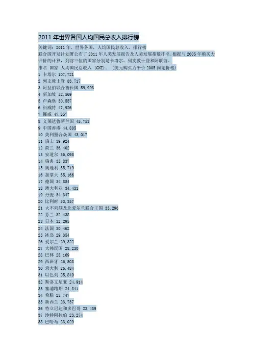 2011年世界人均收入排行榜