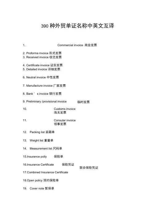 各种外贸单证名称中英文互译