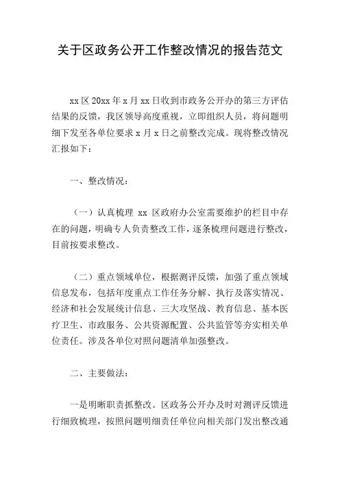 关于区政务公开工作整改情况的报告范文