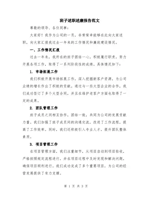班子述职述廉报告范文