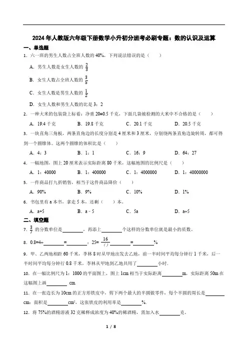2024年人教版六年级下册数学小升初分班考必刷专题：数的认识及运算