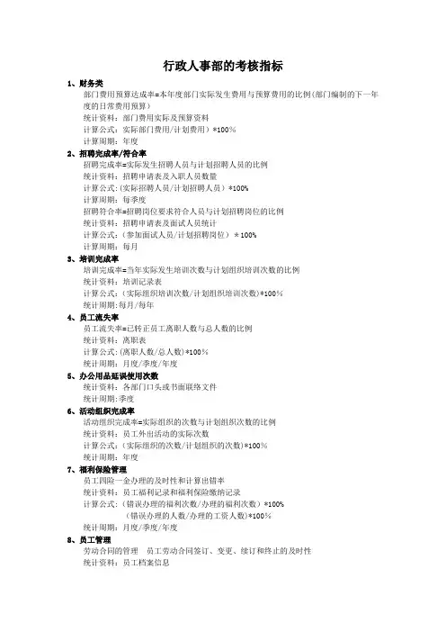 行政人事部绩效考核指标