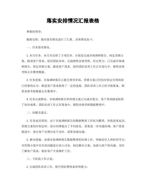 落实安排情况汇报表格