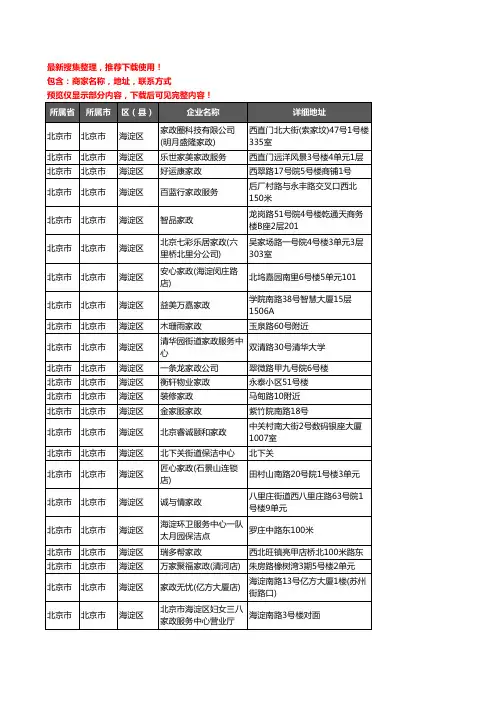 新版北京市北京市海淀区家政企业公司商家户名录单联系方式地址大全171家