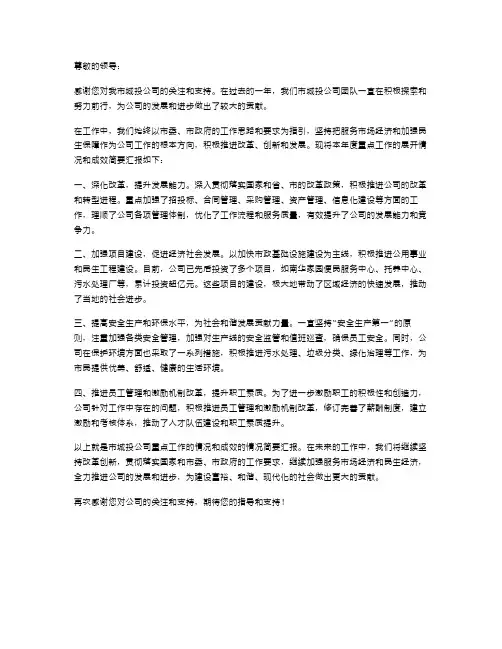 市城投公司重点工作班子的述职报告