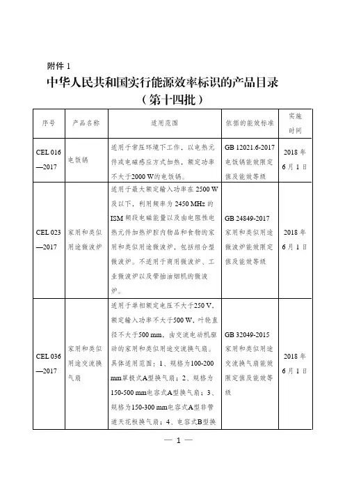 中华人民共和国实行能源效率标识的产品目录(第十四批)
