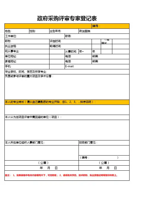 63政府采购专家登记表excel表格模板