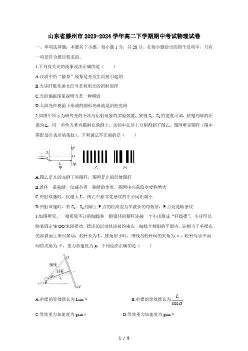 山东省滕州市2023-2024学年高二下学期期中考试物理试卷(含答案)