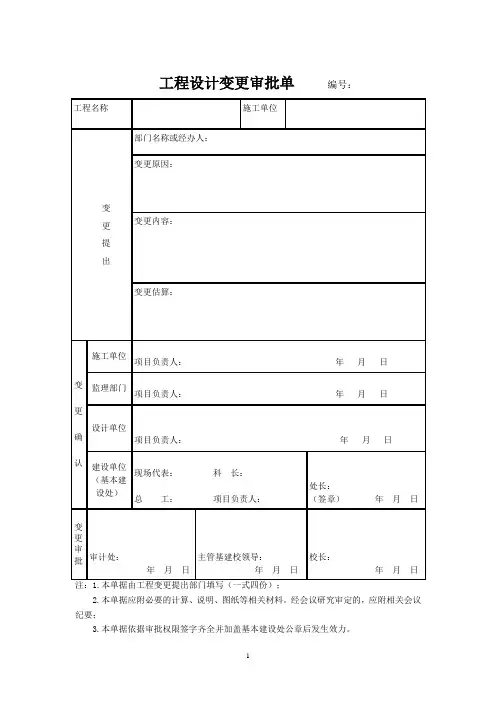 工程设计变更审批单、工程签证单