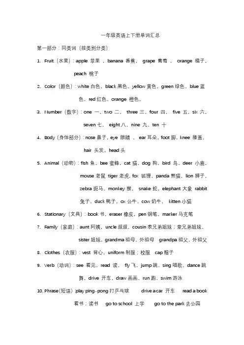 一年级英语词汇汇总
