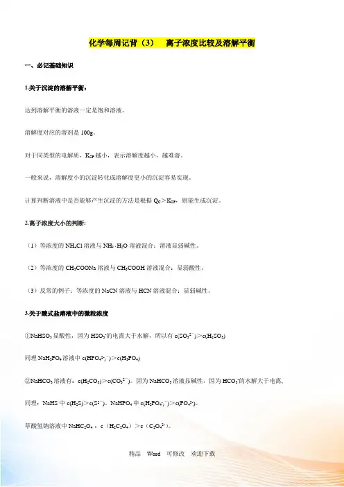 高考化学基础知识资料28电解质溶液记背溶解平衡