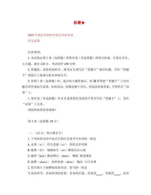 湖北省武汉市2020年中考语文真题试题