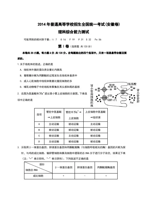 2014年全国高考理综试题及答案-安徽卷